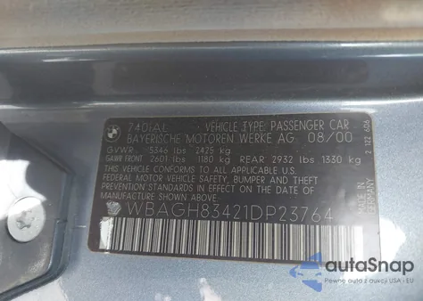 2001 BMW 740Il из США, поврежденный, VIN WBAGH83421DP23764